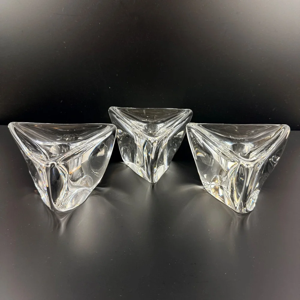 Set of 3 VTG Daum France Crystal Triangle‎ Candle Holders Signed MCM Heavy Glass